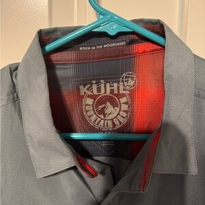 Kuhl Men's Light Gray Button-Down Shirt with Red Plaid Lining